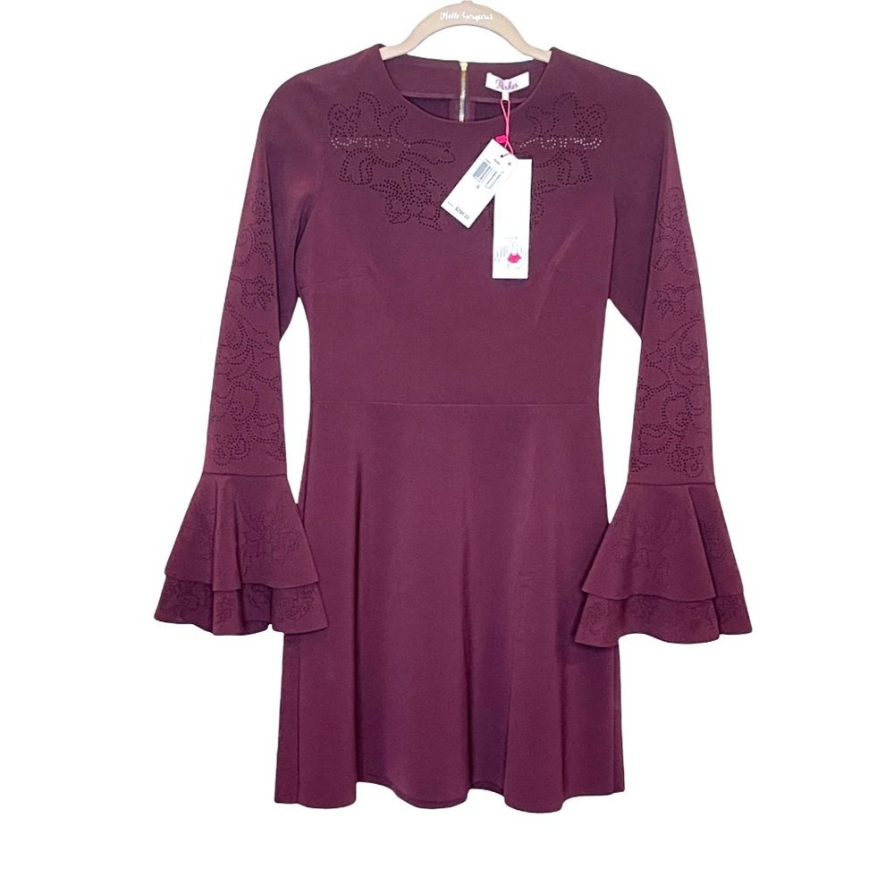 PARKER Orlando Laser Cut Bell Ruffle long Sleeve Dress Raisin Sheath Red 0 New - Picture 2 of 14